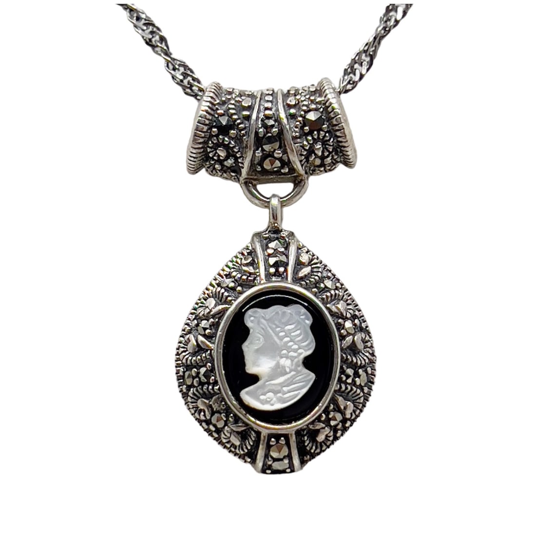 Sterling silver cameo & marcasite pendant necklace  SKU-476 (1 of 6)