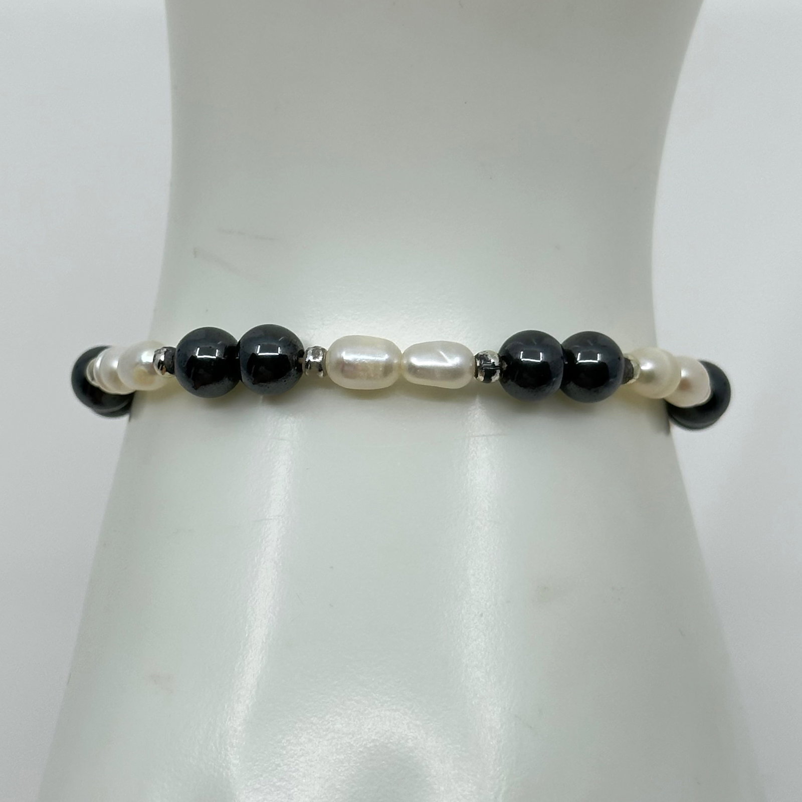 Sterling silver freshwater pearl & hematite bead bracelet SKU-531: bracelet will fit up to 6 1/2" wrist crafted with 5mm fresh water pearls & 6mm hematite beads In very good condition SKU-531