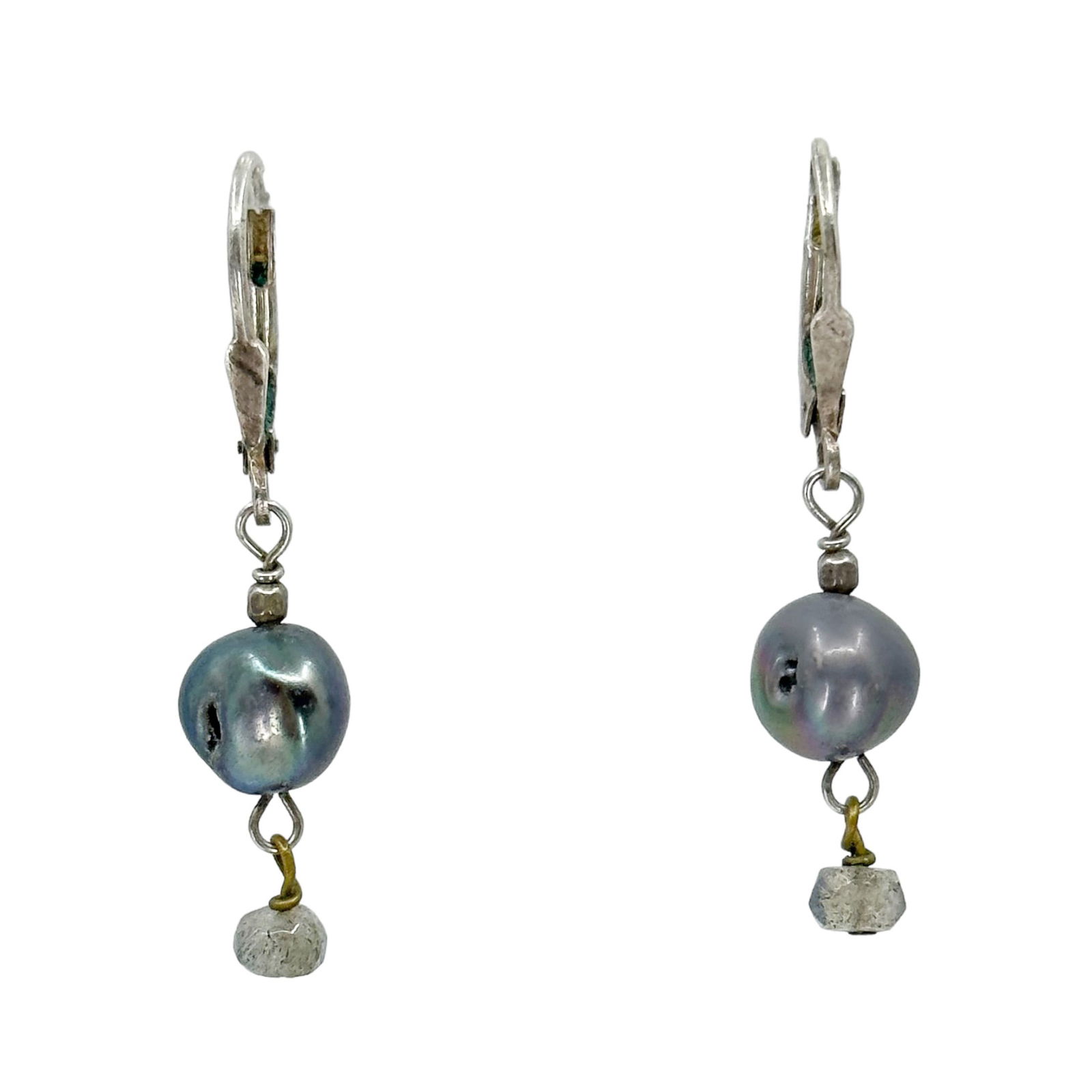 Sterling silver pearl & Labradorite earrings SKU-720: Measures: 1 3/8" long crafted with 9mm pearl & 4mm labradorite Hallmark: 925 In very good condition SKU-720