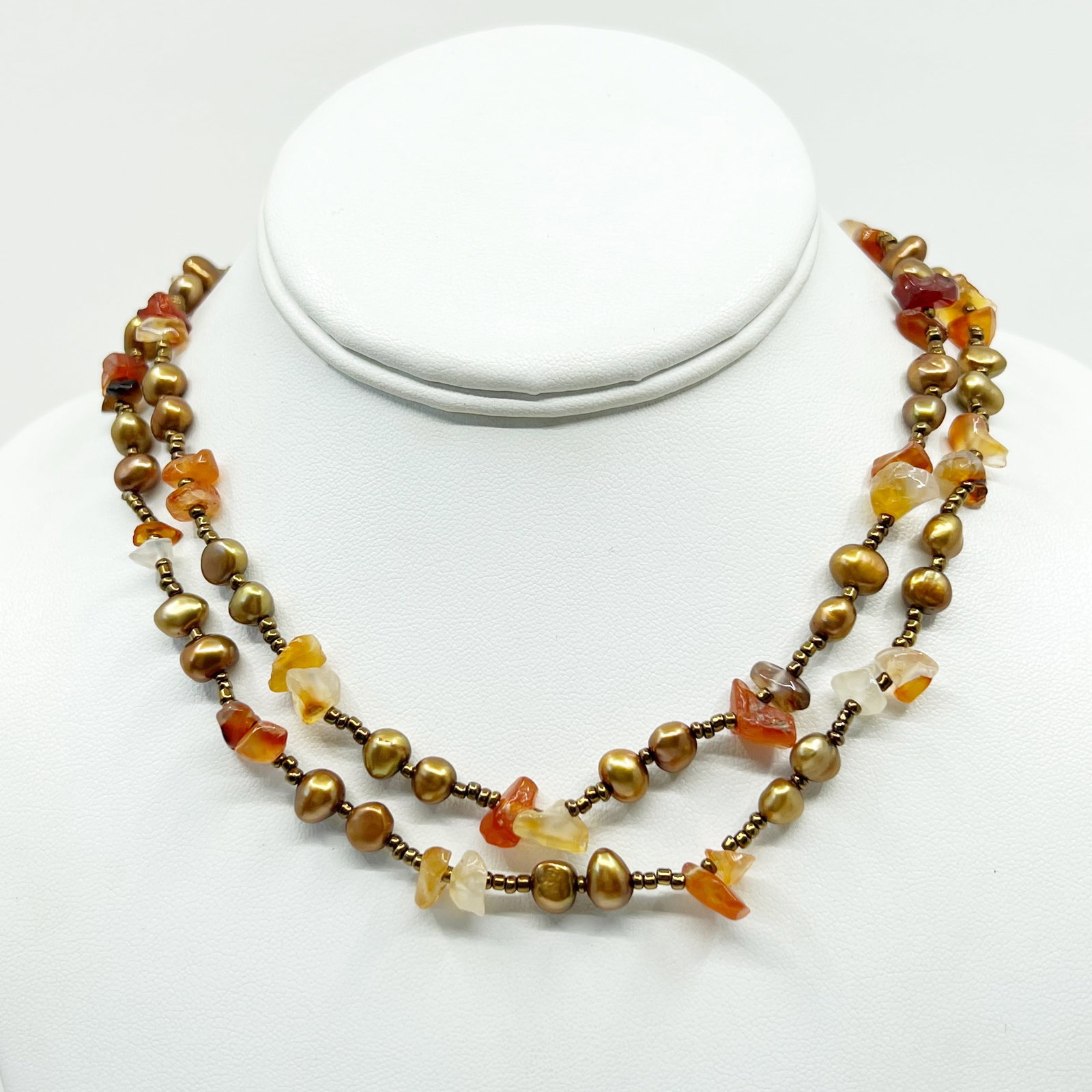 Cultured pearl & carnelian bead necklace SKU-729: Measurements: 42" Long Gemstones: cultured pearl, carnelian beads & seed beads Condition: like new SKU-729