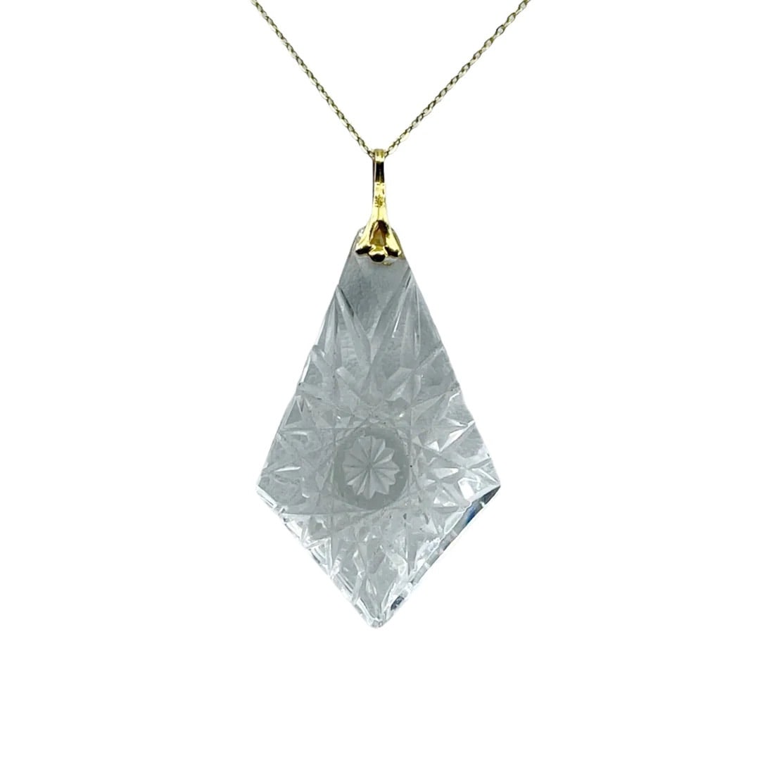12k Gold filled signed crystal pendant SKU-1762: Measurements: 2 3/8" Long x 1 1/4" wide Material: 12k gold filled & crystal Signed: PON: 98 Condition: good SKU-1762