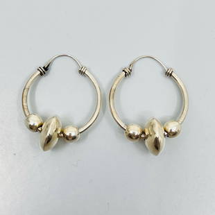 Zuni sterling silver coin bead hoop earrings SKU-94: Measurements: 1 3/8" long Crafted with 7mm to 16mm silver coin beads Material: sterling silver in very good condition SKU-94