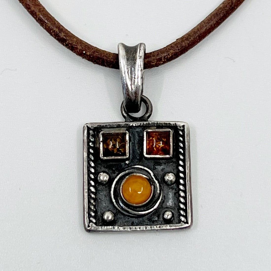 Sterling silver amber leather necklace SKU-219 (1 of 5)