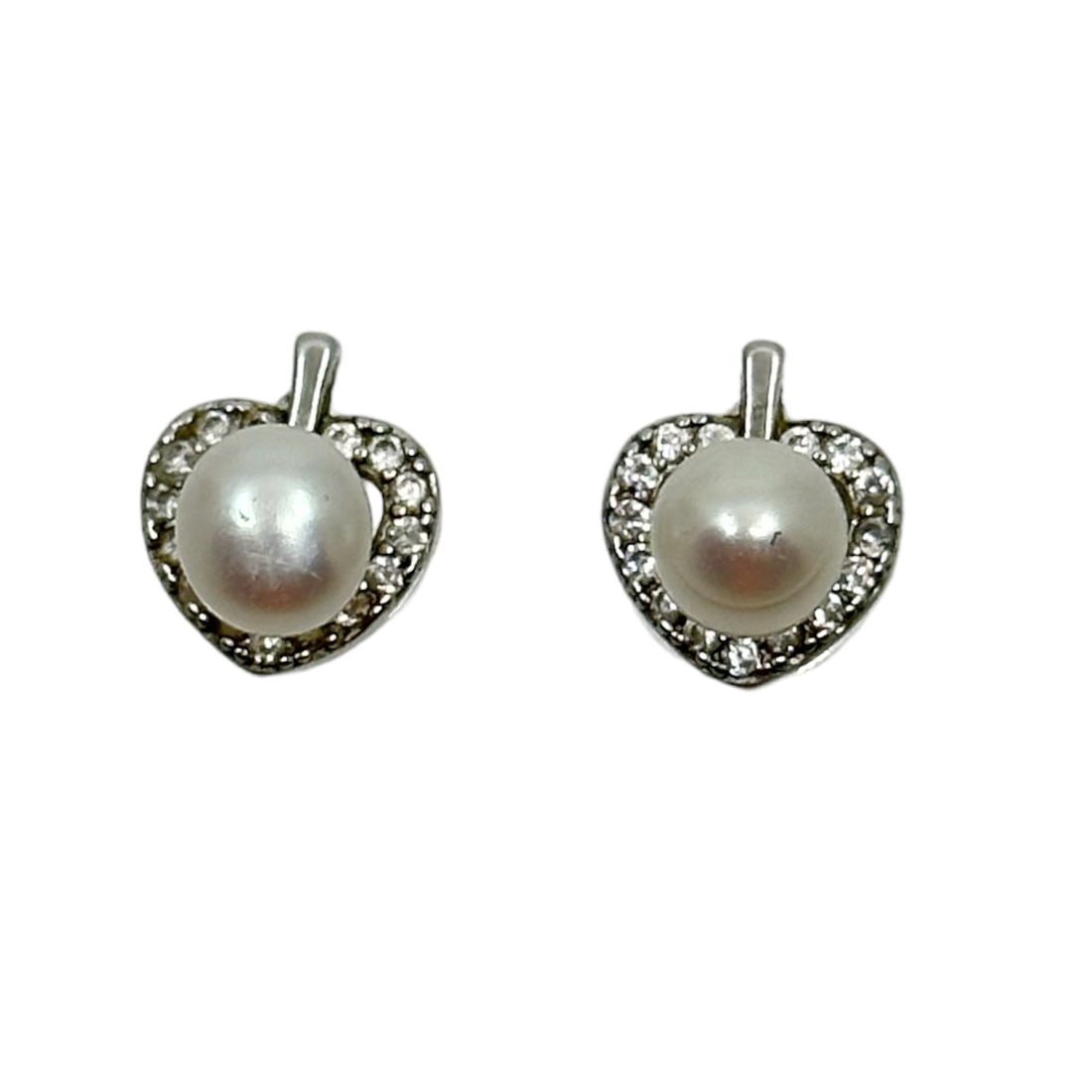 Sterling silver pearl & cubic zirconia stud earrings SKU-265: Measures: 3/8” long by 5/16" wide Gemstone: 5.5mm pearl in very good condition SKU-265