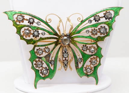 Victorian 18k gold diamond Guilloche enamel butterfly brooch SKU-5005: Measures - 3 1/2” long by 2 1/2” wide Crafted with - 14 SI1 rose cut diamond with a 1.20 carat weights