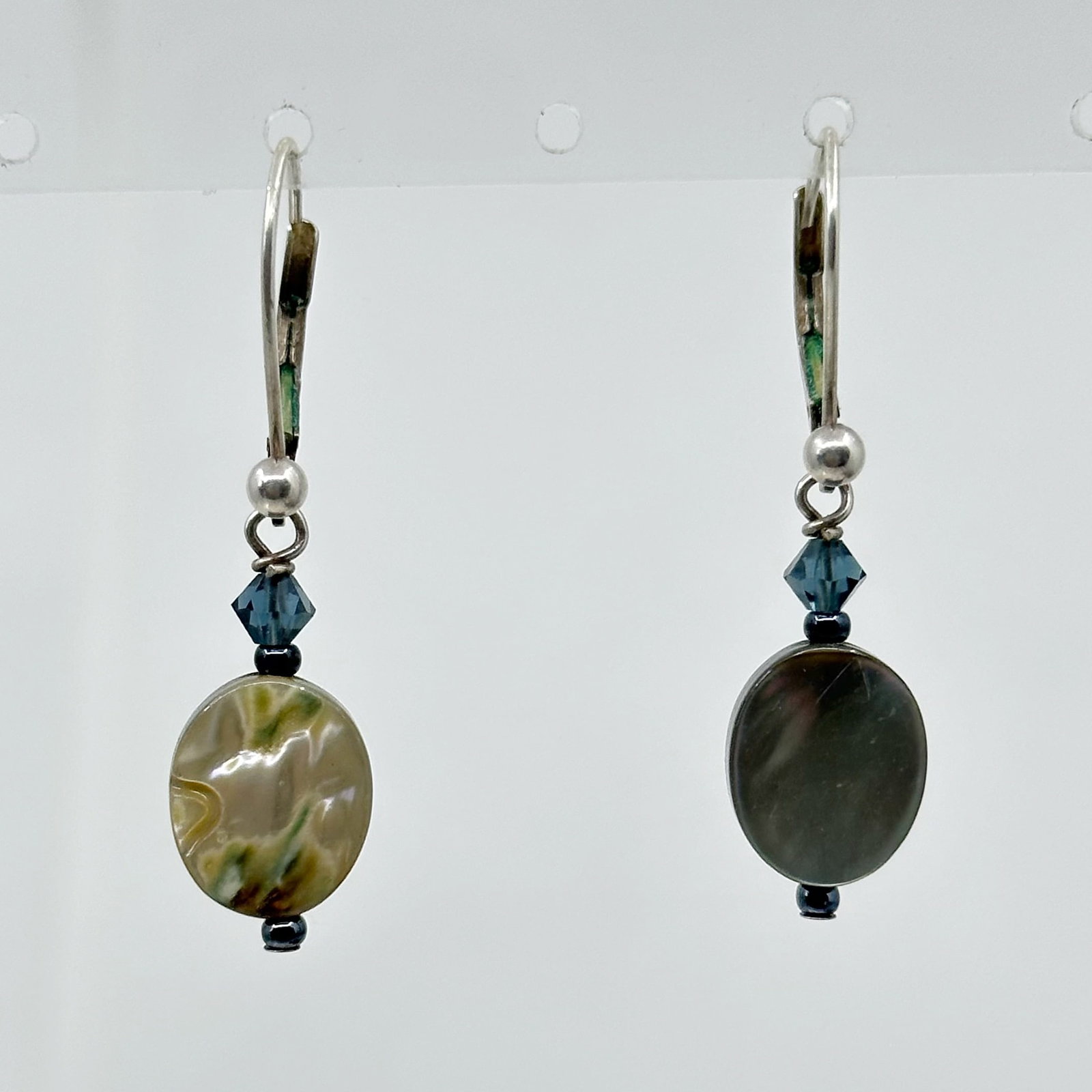 Hand Made Sterling silver abalone & crystal earrings SKU-454: Measures: 1 2/8" long crafted with 3mm crystal & 12x10mm abalone bead In very good condition SKU-454