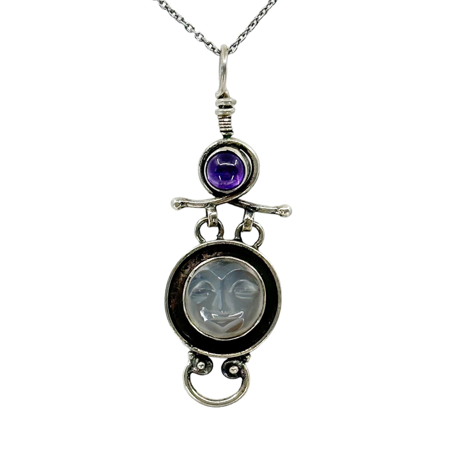 Sterling silver moonstone & Amethyst carved moon face pendant SKU-487 (1 of 4)