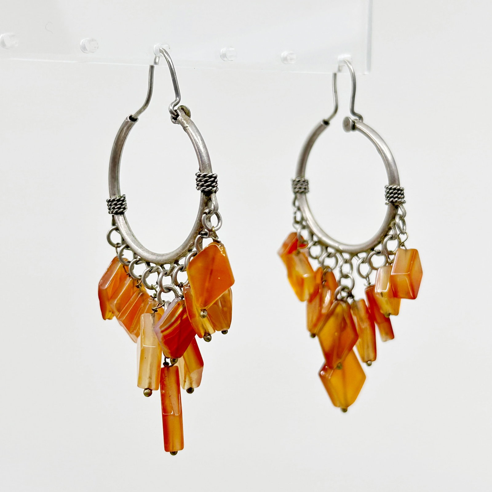 Sterling silver carnelian hoop earrings SKU-676: Measures: 2 5/8" long Gemstone: carnelian Hallmark: 925 Condition: like new SKU-676
