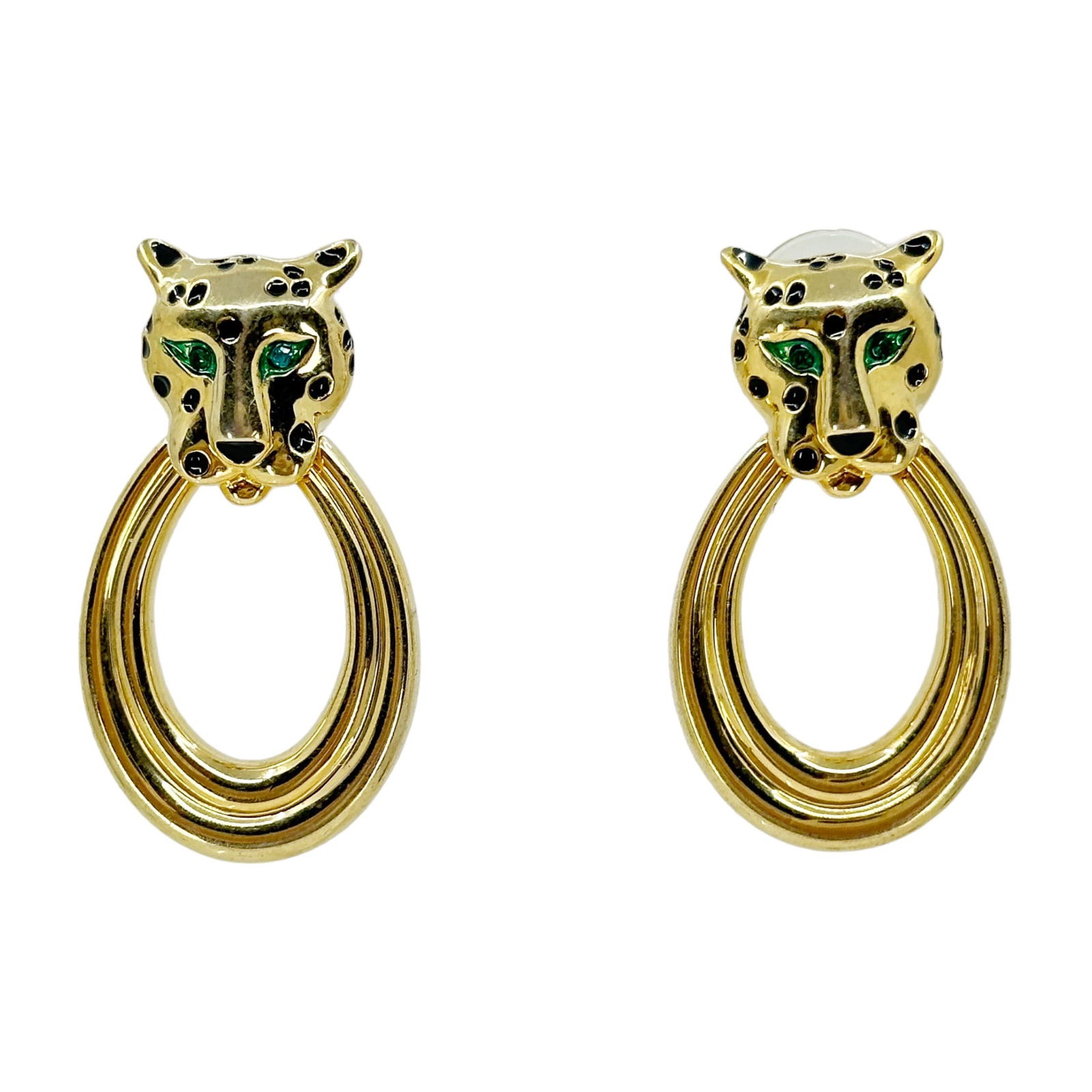 Gold Tone door knocker panther emerald rhinestone earrings SKU-1615: Measures: 1 5/8" long by 7/8" wide Crafted with emerald rhinestone Hallmark - N/A In