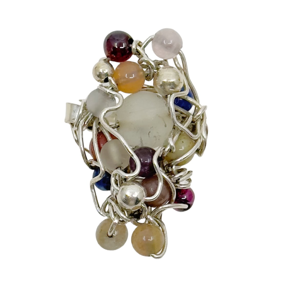Hand Made sterling silver Gemstone bead ring SKU-557: Measurements: 1 1/4" Wide size: 8 Gemstone: 4mm to 7mm of garnet, rose quartz, & rock crystal beads signed: N/A but tested as sterling silver In very good condition SKU-557
