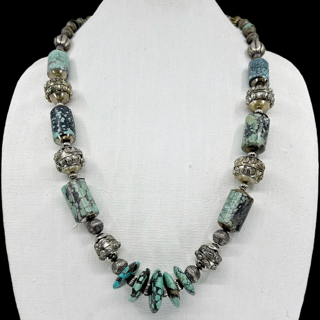 Vintage silver turquoise bead necklace SKU-1656 (1 of 8)