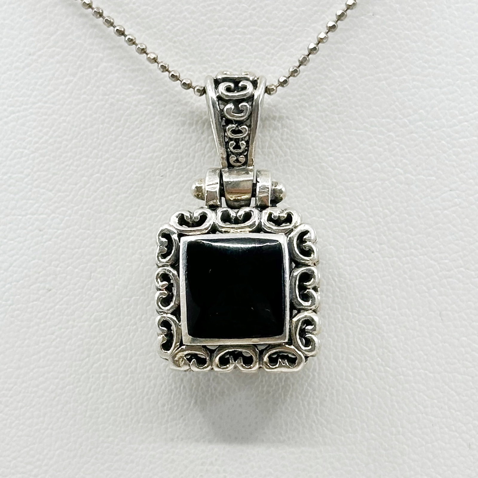 Sterling silver onyx & marcasite pendant SKU-1279: Measures 1 1/4” long by 5/8" wide Crafted with onyx & marcasite In Very good condition SKU-1279