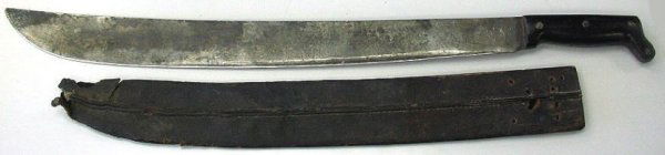 WWII 1944 USN Navy Machete - Collins & Co: Dated 1944 USN machete, also marked "Legitimus Collins & Co". Shows signs og age/wear. Tight handle. The old leather sheath is in poor condition.