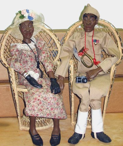 Daddy Long Legs Dolls-Soldier Jeremiah & Jasmine: Jeremiah DL10N and Jasmine DL10P, they will come with the wicker chairs, trumpet and camera pictured. All in excellent condition. Original boxes & certificates. Designed by Karen Germany.