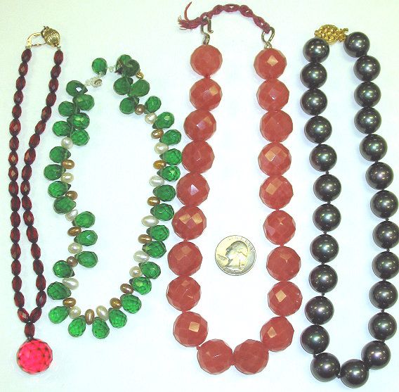 Antique & Vintage Estate Beads Lot~Crystals/Pearl: These are from the Midori Sasaki estate. All are wearable "as is", but the strand with green crystals is strung too tightly, and the unusual pink beads look as though the thread could be weak. The fau