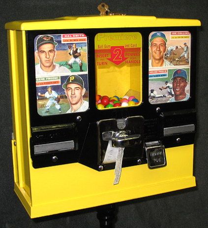 1950s Premier Baseball Card Vender Gumball Machine: Vintage "Premiere Gum and Card Vendor, MFG by Oak MFG Co. Inc. California" vending machine. For 2 pennies you get a gumball and a baseball card. The machine has been restored and painted a bright yell