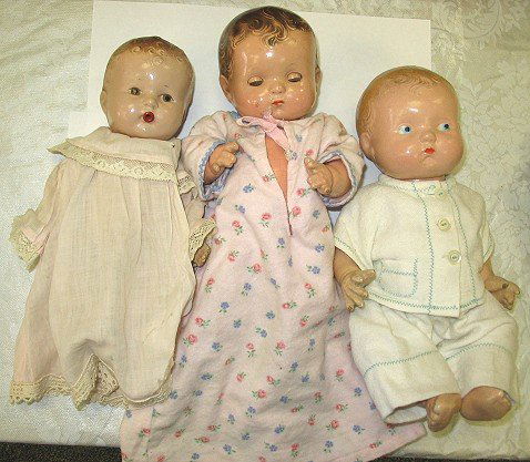 Antique Effanbee Patsy Baby + 2 Composition Dolls: Three old composition baby dolls. 11" Patsy Baby has the darkest hair, pretty blue open/close eyes, all over crazing, short crack at the neck, some small rubs. The smaller drink/wet doll has a cute fa