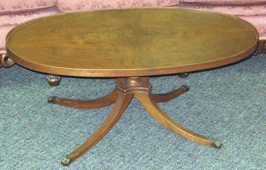 Vintage Duncan Phyfe Coffee Table w Glass Top: Very well-cared-for Duncan Phyfe coffee table, perfect condition with or without the decorated glass. 38" x 19.5" x 16" tall. NOTE: VERY EXPENSIVE TO SHIP, we recommend local pick-up only.