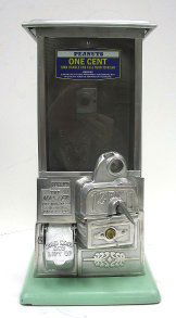 c1923 Master Norris Vending Machine w Green Base: Neat old penny peanut or candy machine, original old lock and key at the front, old Corbin lock with key at the back. Green porcelain base (some small chips/wear). Newer label on the glass front. 8" x