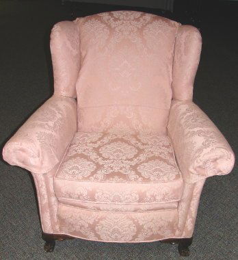 1930's Overstuffed Arm Chair W/New Upholstery: LOCAL PICK UP ONLY. This comfortable overstuffed arm chair has been recently professionally reupholstered with a shell pink baroque fabric. Much thought was put into recovering this chair there are re