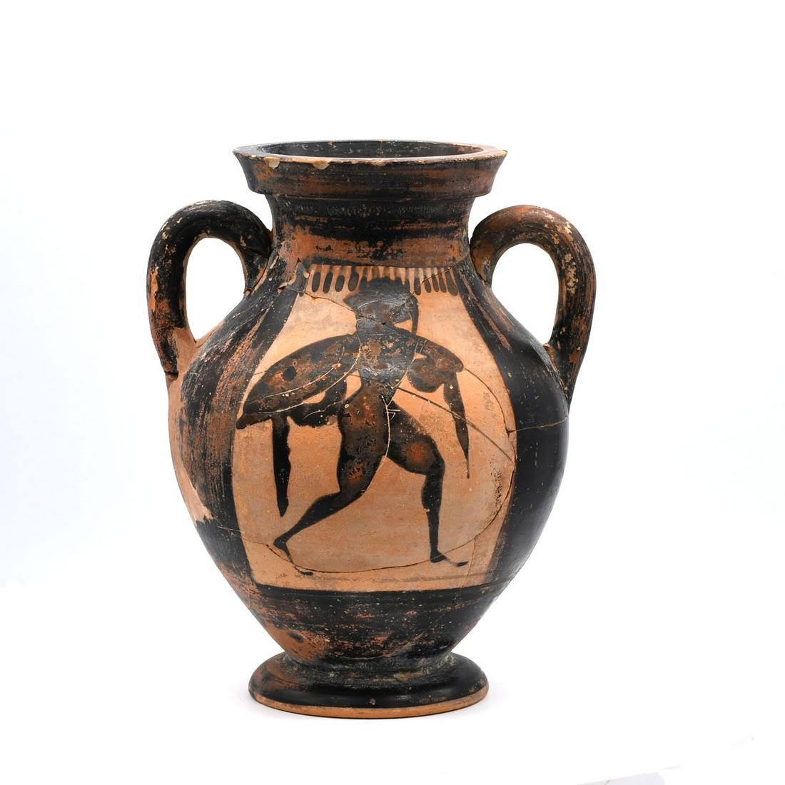 An Attic Black-figure Belly Amphora, ca. end of the 6th century BCE: An Attic Black-figure Belly Amphora, ca. end of the 6th century BCE, : Medium: Ceramic A small belly amphora of type B, with cylindrical handles, flaring mouth, echinus foot. Black except for the rese