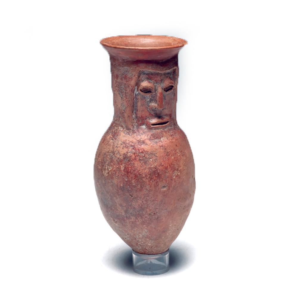 A Narino Miniature Amphora, Columbia, ca. 200 BCE - 200 CE: A Narino Miniature Amphora, Columbia, ca. 200 BCE - 200 CE, ca. 200 BCE - 200 CE: Medium: Ceramic With piriform body, tapering to a long neck featuring an anthropomorphic face and flaring rim. Dimensi