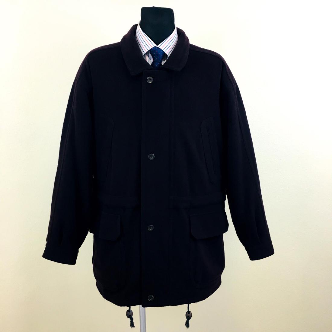 Vintage Men's Bugatti Italian Designer Wool Coat Jacket: Size EUR 54 US 44 100% Wool Color: Dark purple Armpit to Armpit: 28.5 in. Total length: 35 in.