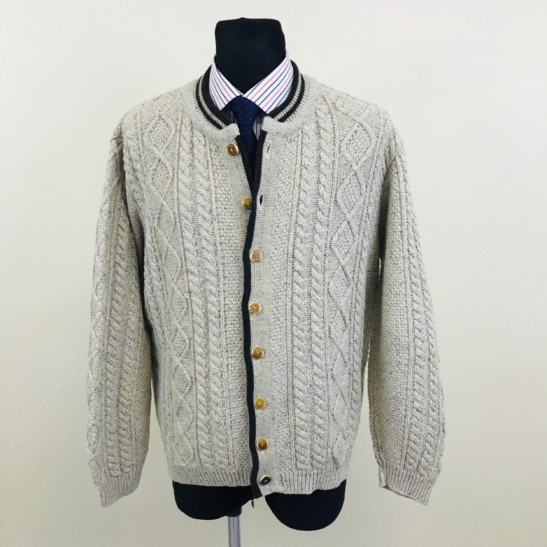 Vintage Men's Tyrolean Style Wool Cardigan: Size EUR 54 US 44 55% Acrylic 30% Wool 10% Viscose 5% Silk Armpit to Armpit: 26 in. Sleeve from shoulder seam: 25.5 in. Shoulder to shoulder: 20.5 in. Total length: 28.5 in.