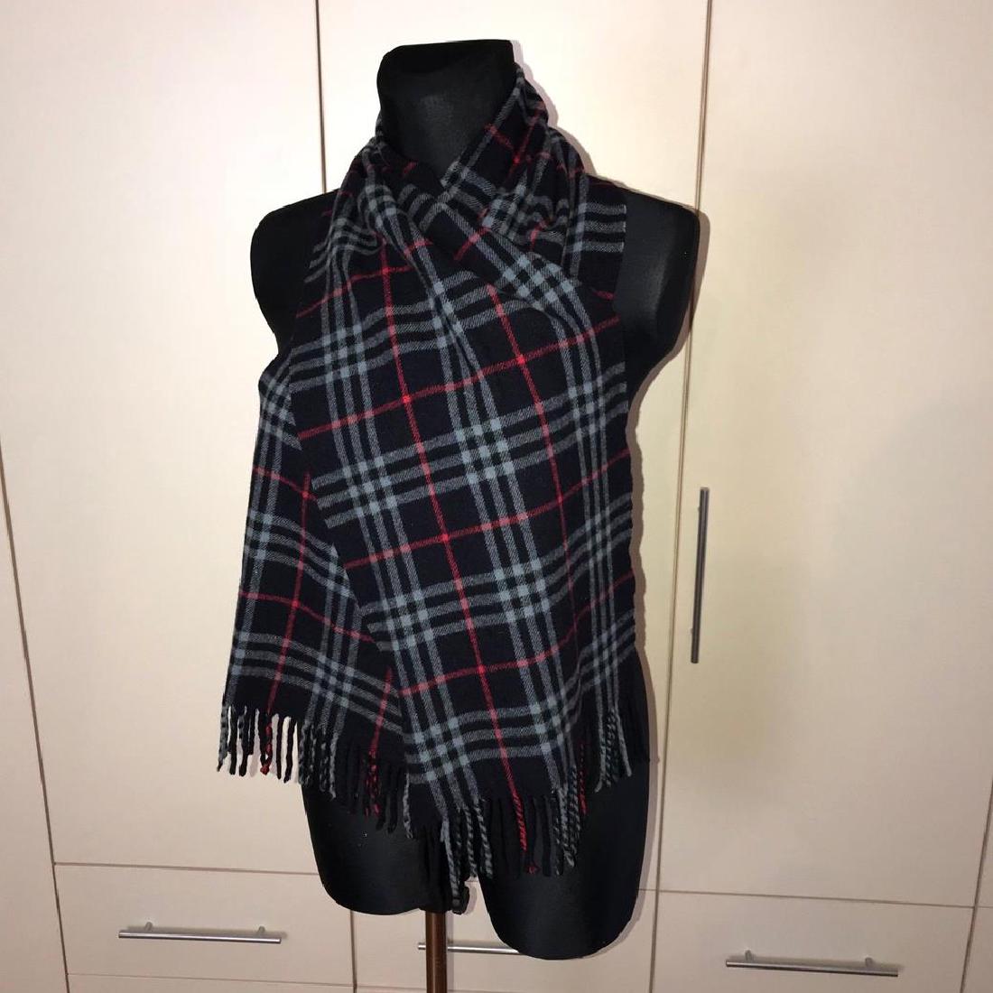 Burberry 100% Lambswool Dark Blue Nova Check Scarf: Vintage Length - 64 in. Width - 12 in.