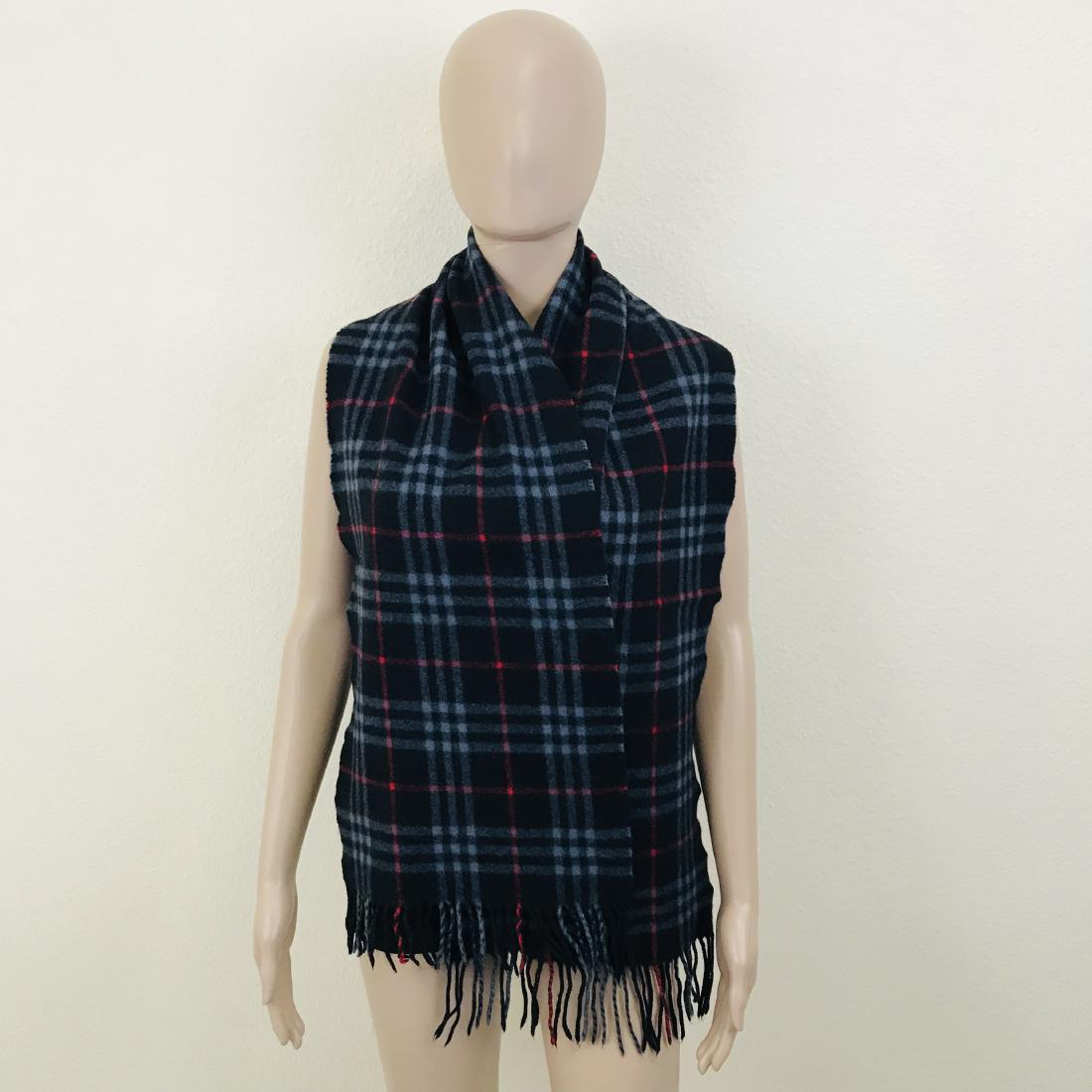Burberry 100% Lambswool Dark Blue Nova Check Scarf: Measurements (inches): Width: 12 Length: 64