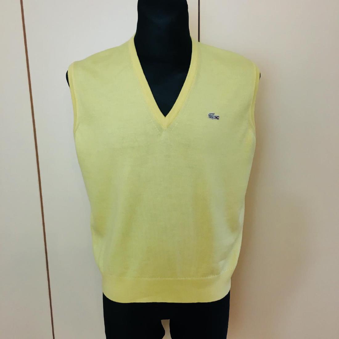 Men's Lacoste Yellow Wool Sweater Waistcoat: 5 / L Wool Blend Armpit to Armpit: 22 in. Shoulder to shoulder: 17 in.