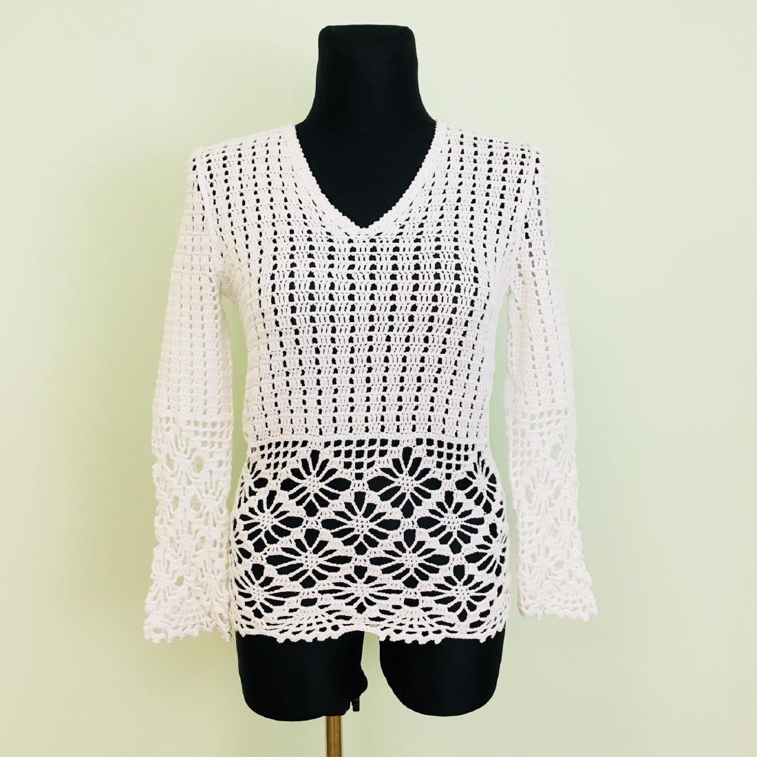 Vintage Women's White Crochet Sweater: Size EUR 42 US 12 Armpit to Armpit: 19 in. Sleeve from shoulder seam: 24 in. Total length: 24.5 in.
