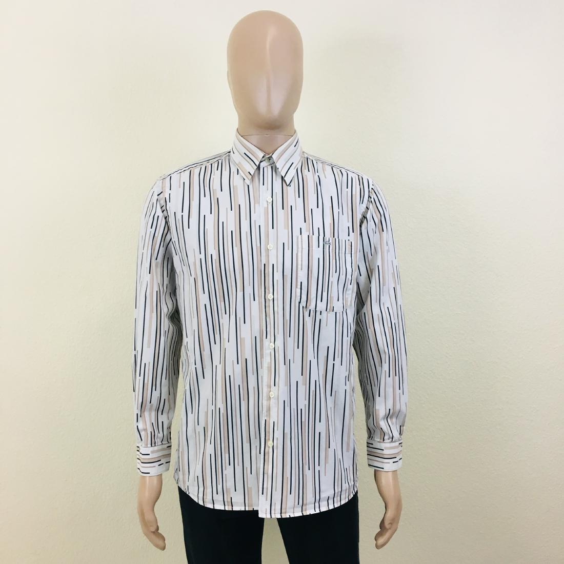 Men's Lacoste Striped Regular Fit Shirt: Size US 40 Armpit to Armpit: 21.5 in. Sleeve from shoulder seam: 23 in. Shoulder to shoulder: 18 in. Total length: 30.5 in.