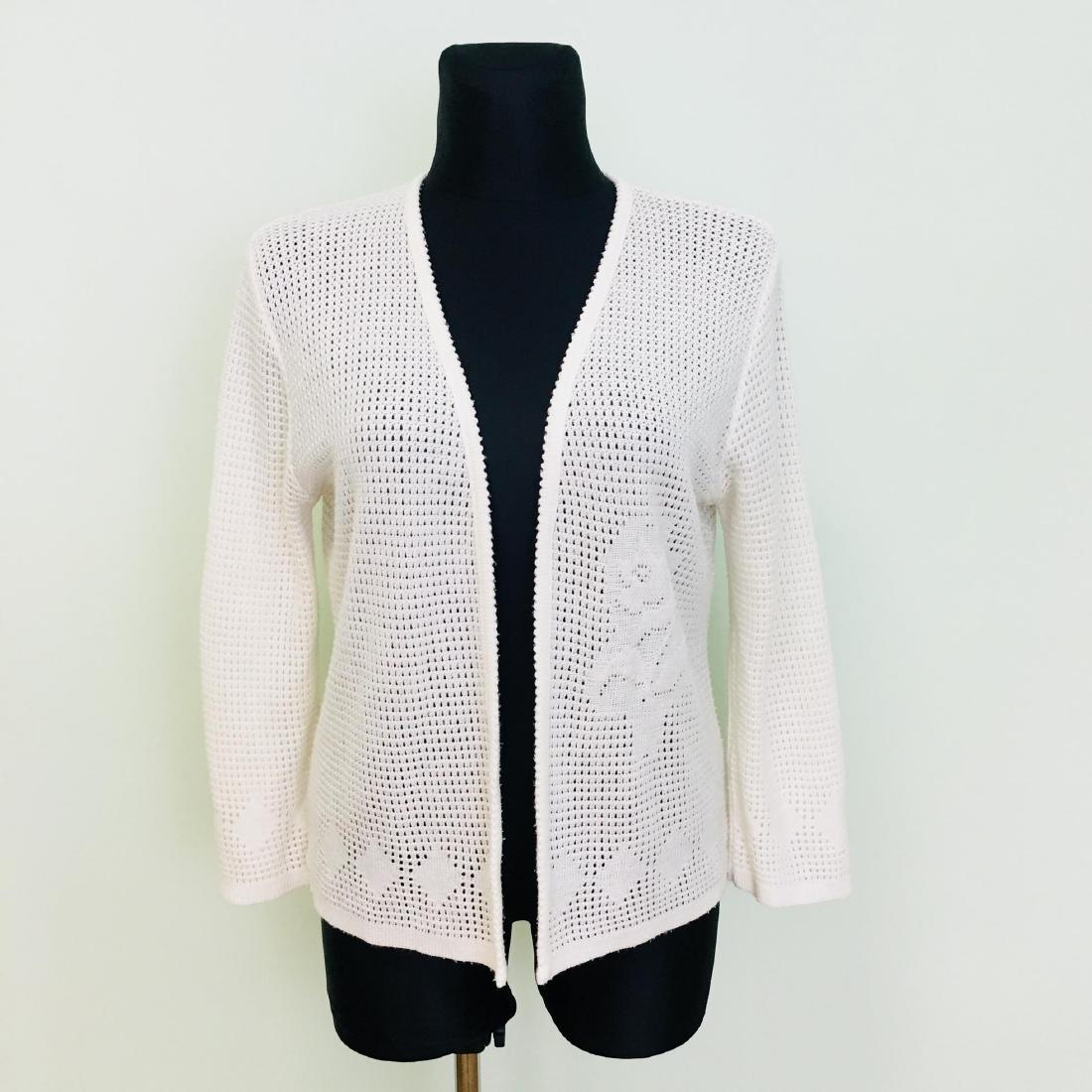 Vintage Women's White Crochet Cardigan Sweater: Size: EUR 44 US 14 Vintage Armpit to Armpit: 22 in. Sleeve from shoulder seam: 22.5 in. Total length: 25 in.