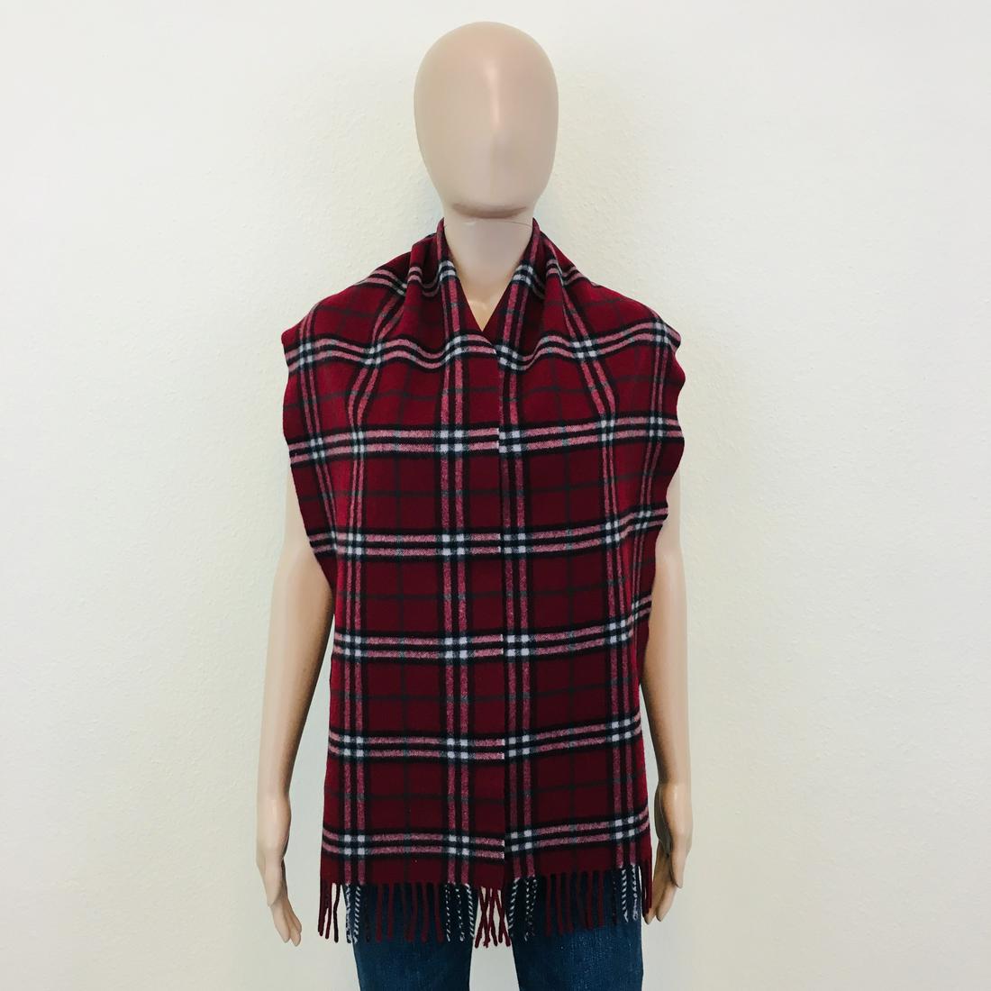 Vintage Burberry Lambswool Scarf: Color: Bordeaux (Cherry Red) Measurements (inches): Width: 11.5 Length: 66