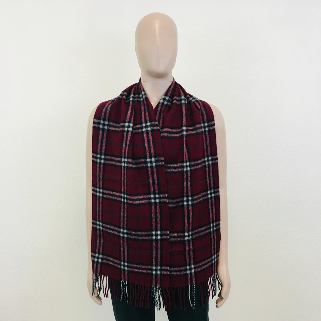Vintage Burberry Lambswool Scarf: Color: Bordeaux (Cherry Red) Measurements (inches): Width: 12.5 Length: 72