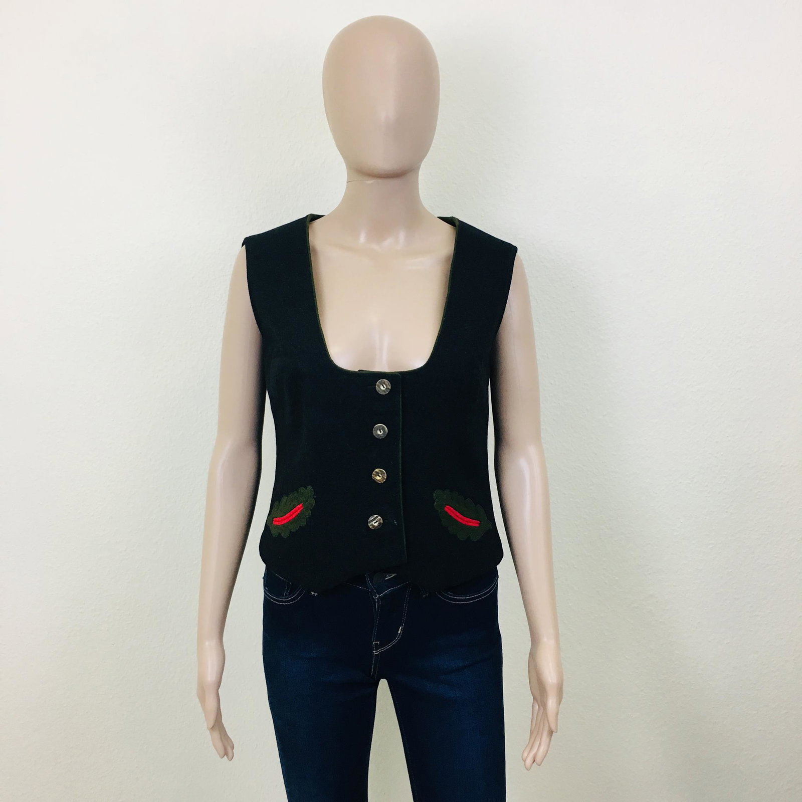 Women's Woolen Tyrolean Waistcoat: Size EUR 40 US 10 Armpit to Armpit: 18.5 in. Total length: 18 in.