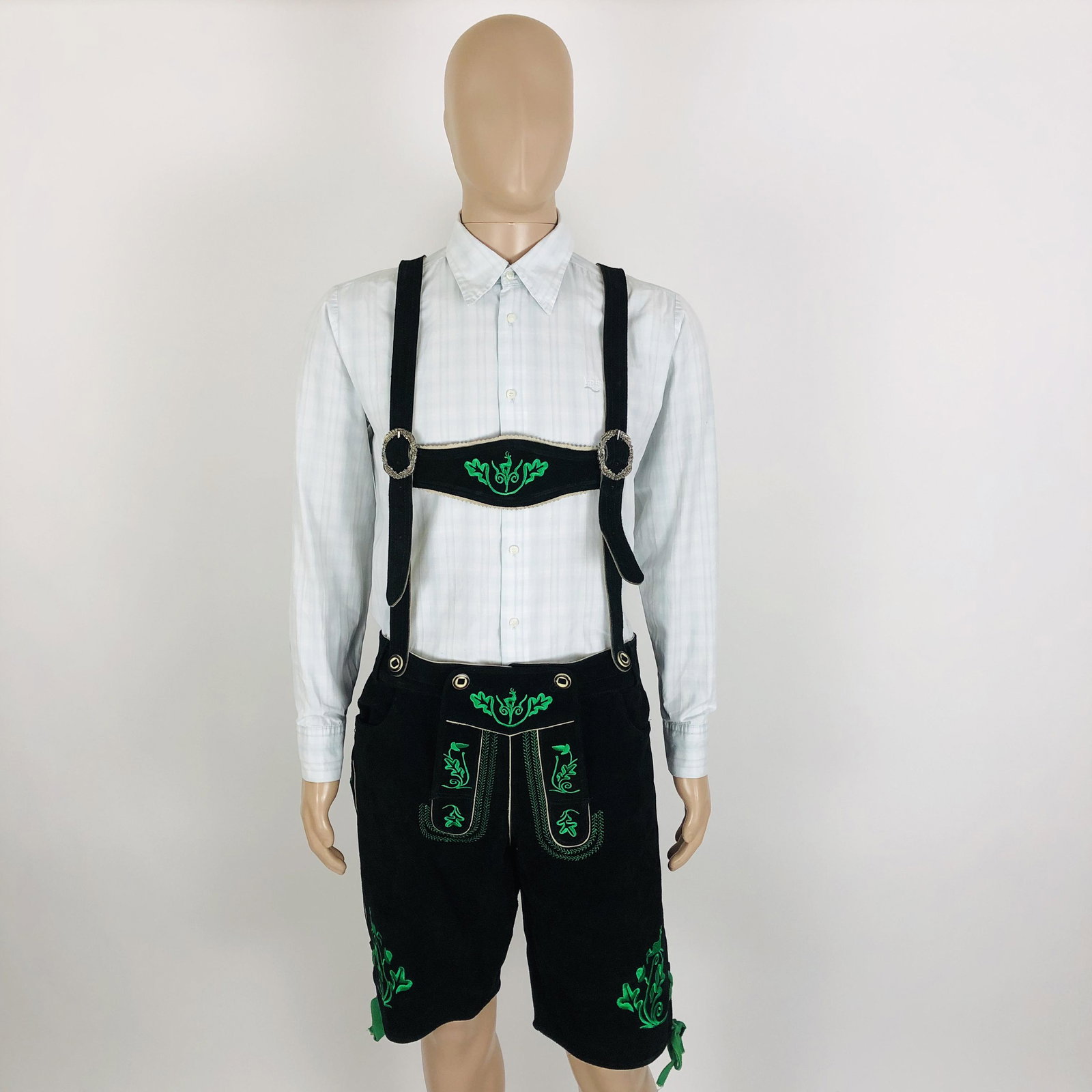 Men's Real Leather Austrian Tyrolean Shorts: Size EUR 52 US 42 100% Leather Measurements: Waist: 42 in. Inseam (from crotch to hem): 11 in. Total length: 22.5 in.