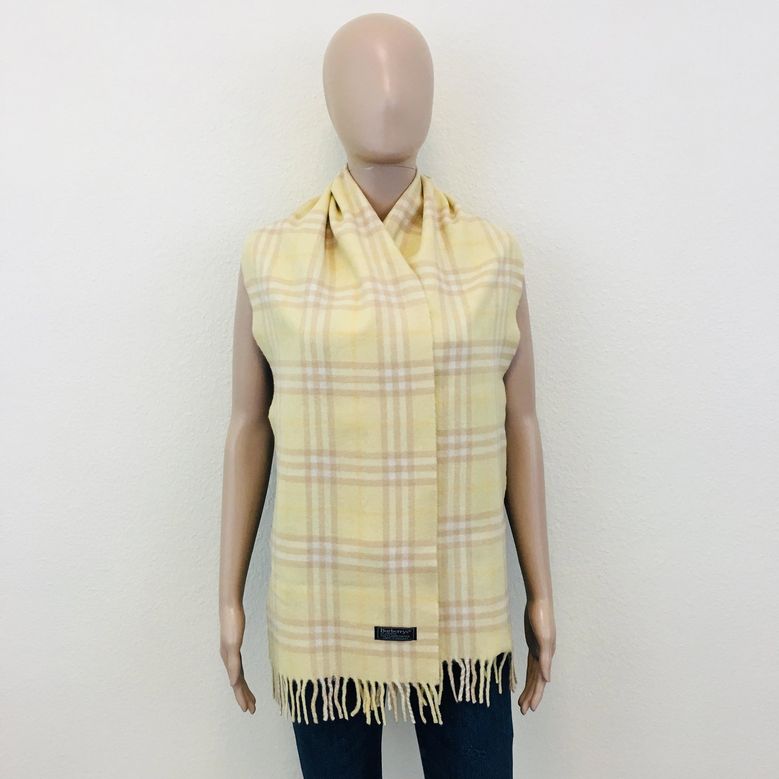 Vintage Burberry 100% Lambswool Scarf: Color: Yellow Measurements (inches): Width: 11.5 Length: 66