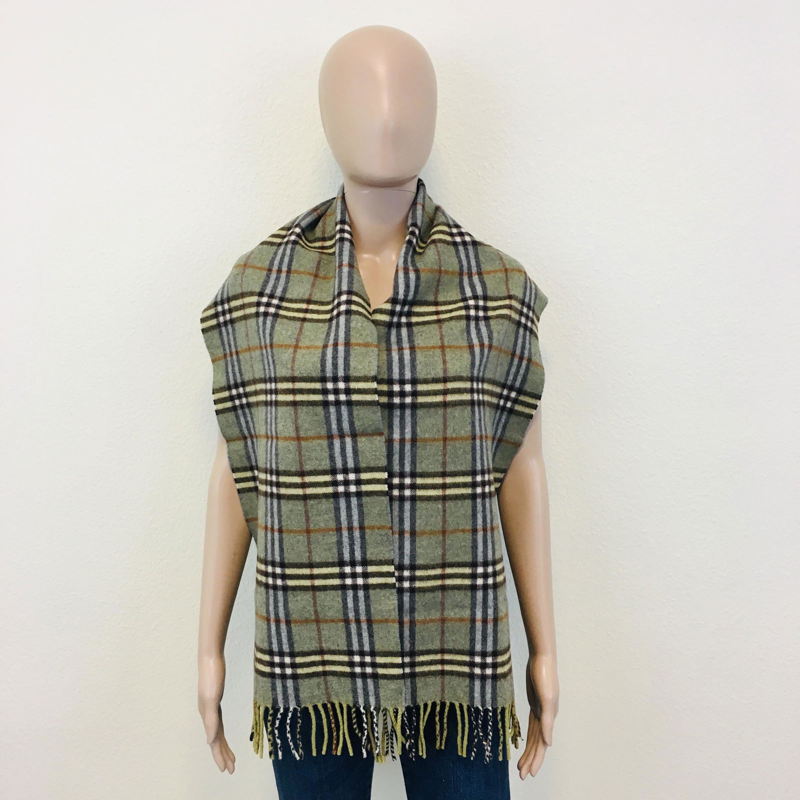 Vintage Burberry Lambswool Scarf: Color: Khaki (Olive Green) Measurements (inches): Width: 11.5 Length: 65