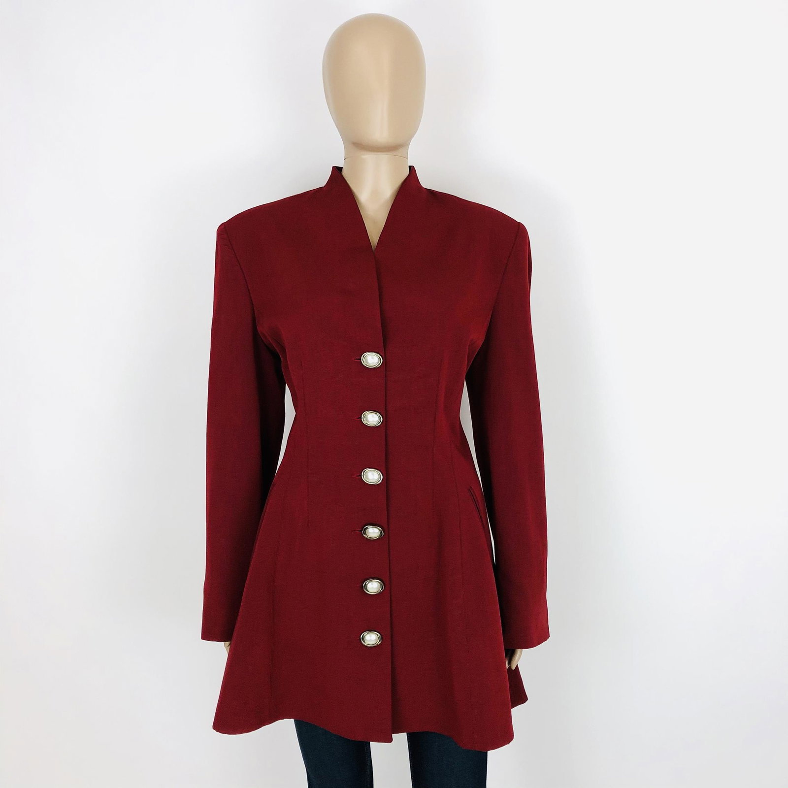 Vintage Women's Italian Designer Blazer Jacket US 12: Size EUR 42 US 12 53% Viscose 47% Wool Armpit to Armpit: 20 in. Sleeve from shoulder seam: 24 in. Shoulder to shoulder: 18.5 in. Total length: 32 in.