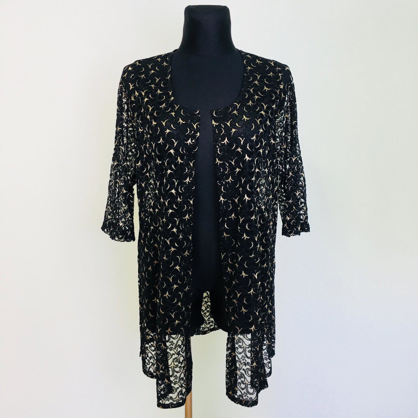 Vintage Women's Black Gold Cardigan Jacket: EUR 42 US 12 Armpit to Armpit: 22 in. Sleeve from shoulder seam: 18 in. Total length: 32 in.