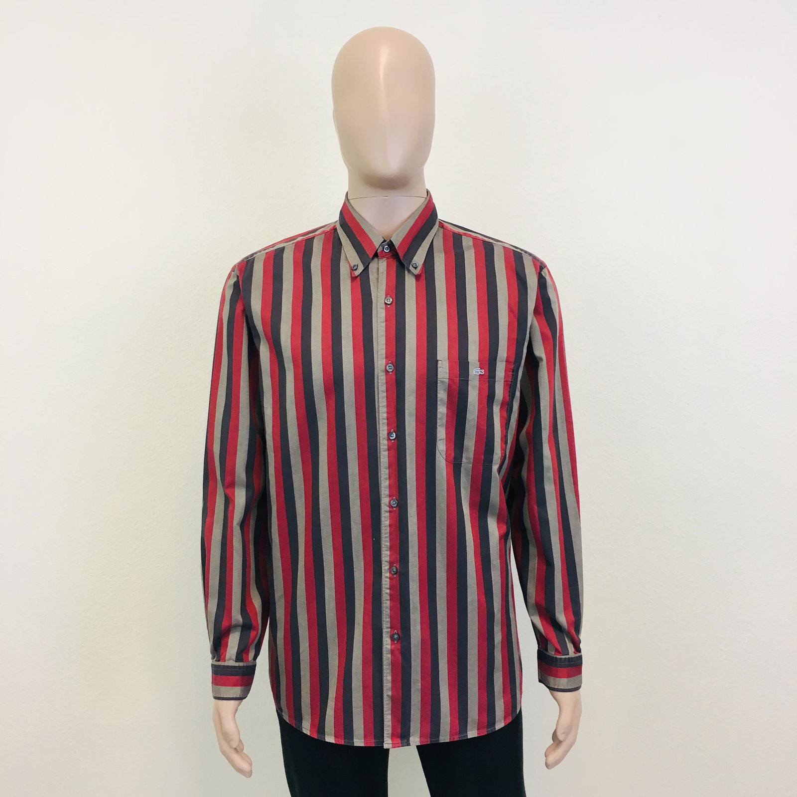 Men's Lacoste Striped Shirt: Size EUR 54 US 44 Armpit to Armpit: 24.5 in. Sleeve from shoulder seam: 24.5 in. Shoulder to shoulder: 19 in. Total length: 31.5 in.