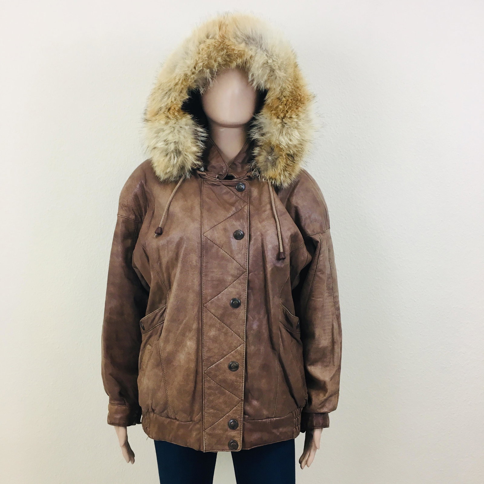 Vintage Women's Fur Leather Parka Jacket: Size EUR 38 US 8 Armpit to Armpit: 22 in. Total length: 27.5 in.