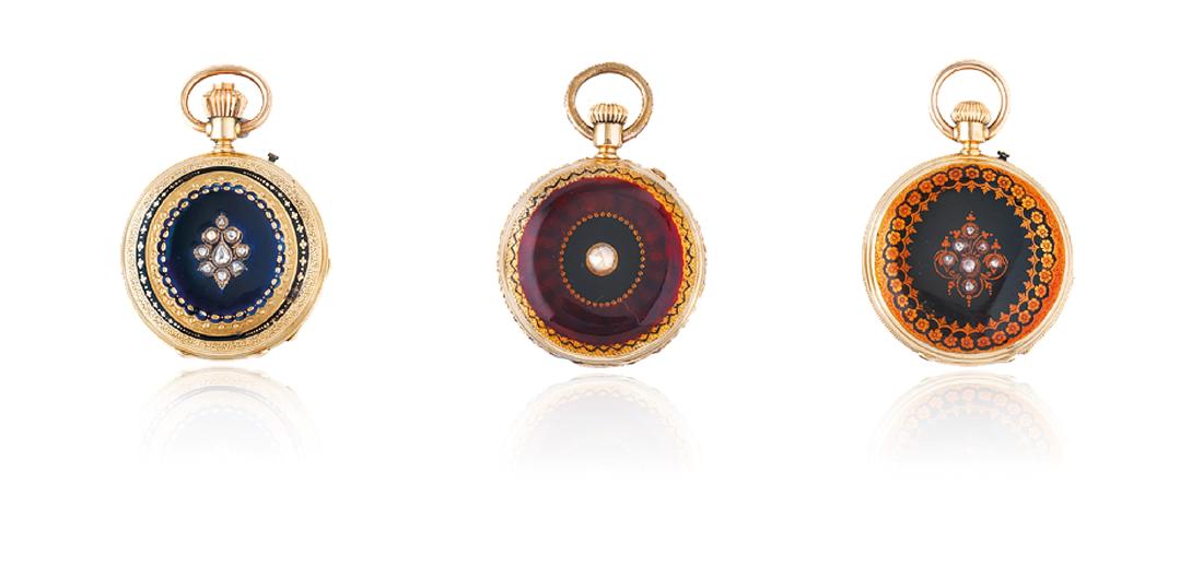TRE OROLOGI DA TASCA IN ORO 18 K E SMALTI, FINE SEC. (1 of 1)