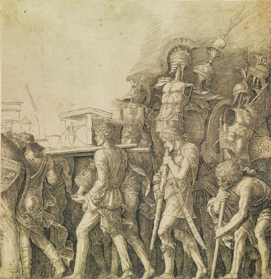 I PORTATORI DI CORSALETTI: Giulio Campagnola [attribuito a] I PORTATORI DI CORSALETTI Bulino. mm 255x250. Martineau, 123. Da â€œI trionfi di Cesareâ€ di Andrea Mantegna. Bella impressione stampata su sottile carta vergel
