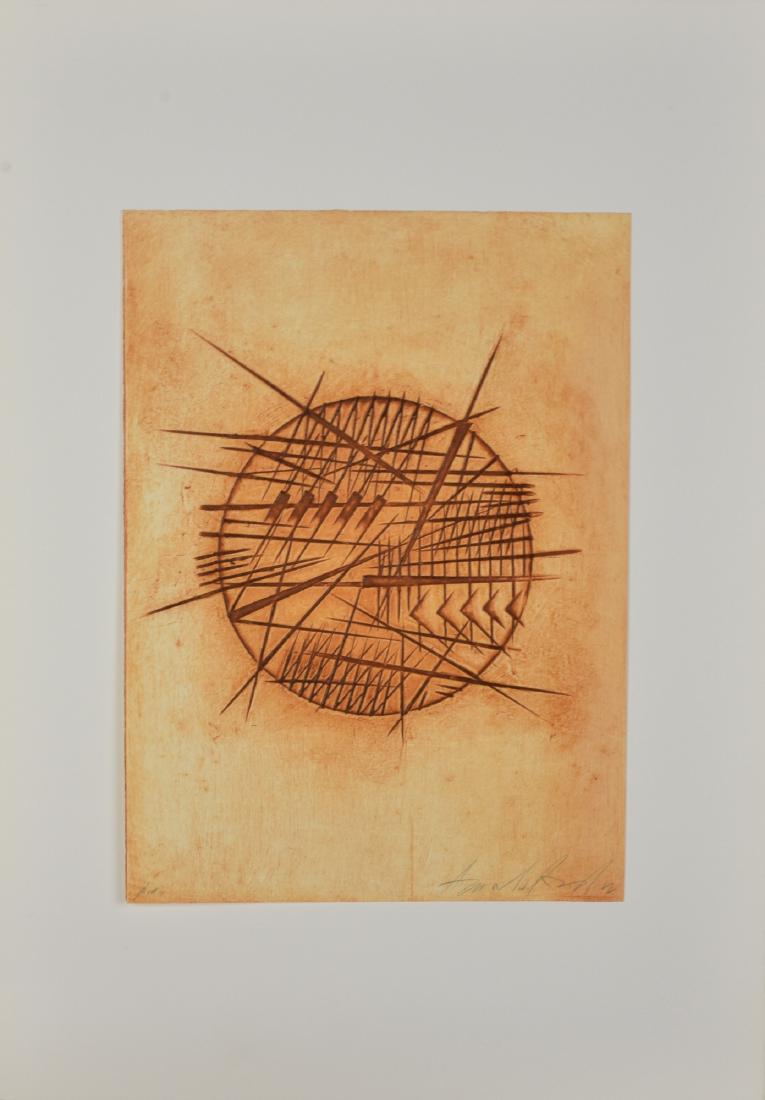 SENZA TITOLO: Arnaldo Pomodoro TRAMA E ORDITO calcografia su carta, cm 31x22 esemplare P.A. sul fronte: firma