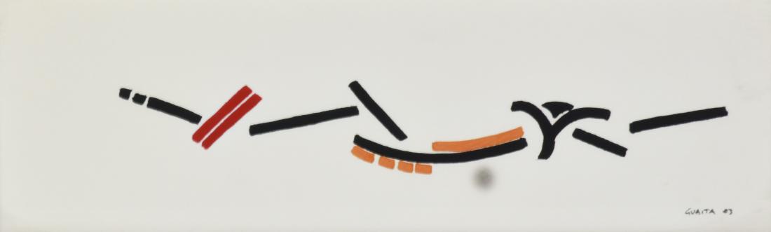 ARRIVO ALL'OASI: Carlo Guaita ARRIVO ALL'OASI tecnica mista su carta, cm 8x23 sul fronte: firma e data eseguita nel 1983