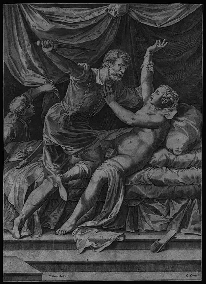 Cort Cornelis TARQUINIO E LUCREZIA. 1571. Bulino da: Cort Cornelis TARQUINIO E LUCREZIA. 1571. Bulino da Tiziano. mm 372x265 De Haan, 193 Bella impressione. Sottile margine oltre la linea di inquadramento.