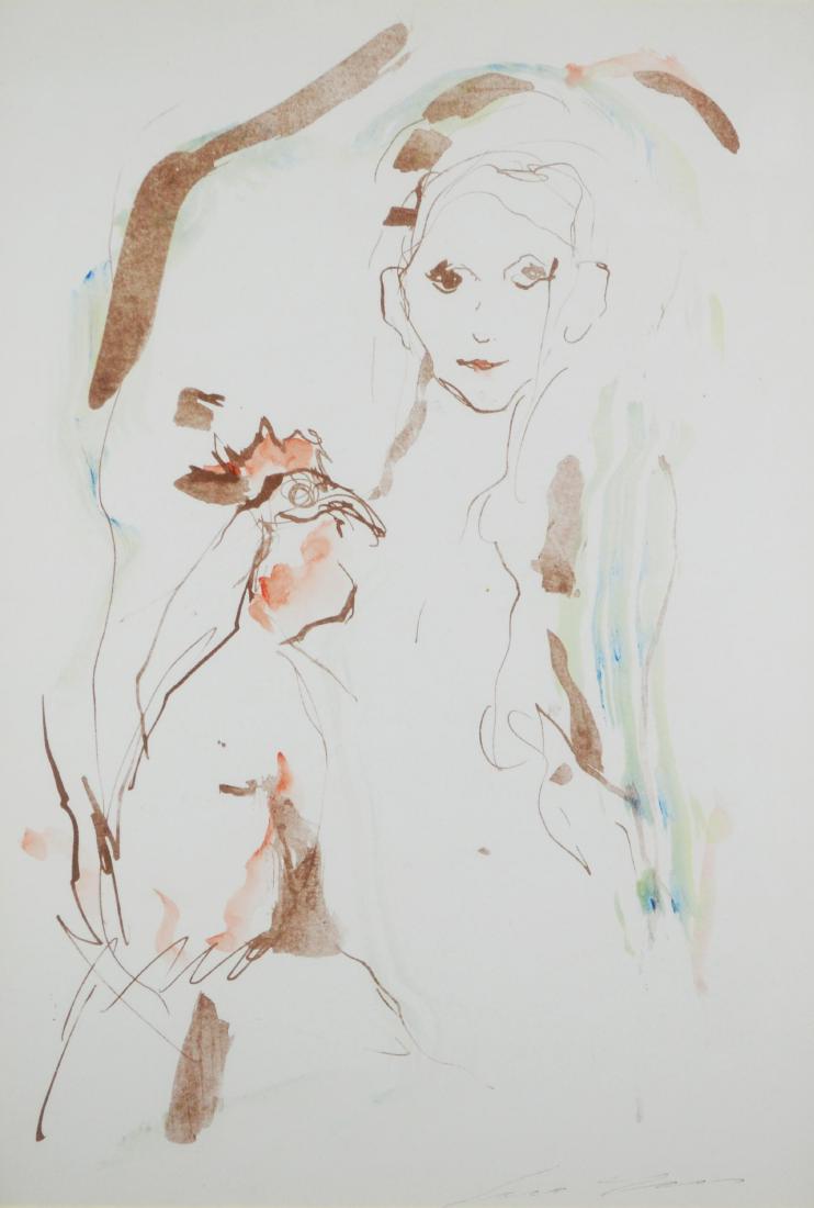 Ernesto Treccani RITRATTO FEMMINILE CON GALLO gouache e: Ernesto Treccani RITRATTO FEMMINILE CON GALLO gouache e acqurello su cartone, cm 50x35 firmato